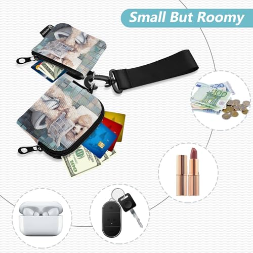 Cartoon Cute White Dog Reads Newspaper Women's Wallets Card Cases Large Capacity Change Purse Key Holder with Zipper Pocket for Lady 2 Pcs2