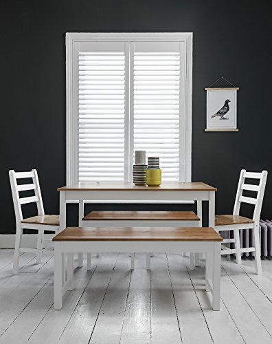 Mesa de comedor Annika con 2 sillas y banco en color blanco y madera de pino Noa y Nani