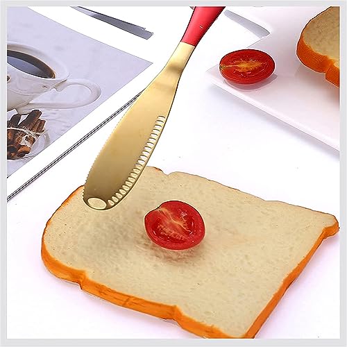 Image of Butter Spreader Knife, Stainless Steel, 3 in 1 Kitchen Gadgets, Curler, Butter Grater, Shredding Slots and with Serrated Edge Knife with Hole(Gold-Red, Pack of 1)