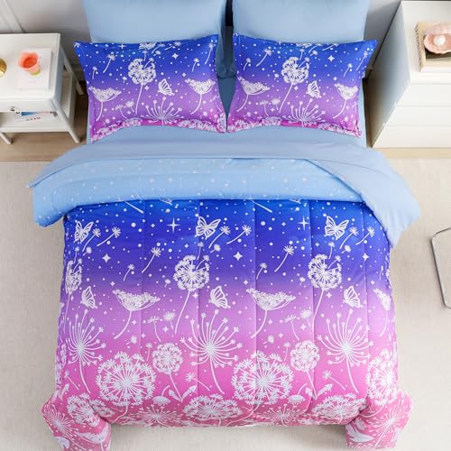 Image of Dinjoy Girls Comforter Set 7 Pieces, Full Size Colorful Ombre Rainbow Bedding Set, Bed in A Bag for Kid Teen Girls (1 Comforter, 1 Flat Sheet, 1 Fitted Sheet, 2 Pillow Shams, 2 Pillowcases)