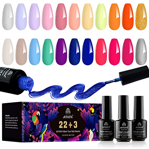 AIFAIFA 25Pcs Nail Polish Kit, Gel Nail Polish Color Collection Soak Off UV Nail Gel Polish Set, Gel Polish with Base Coat and Glossy & Matte Top Coat All-Season Salon Manicure Art Design