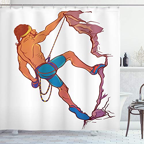 ABAKUHAUS Indie Cortina de Baño, Escalador de Roca del acantilado Deportes, Material Resistente al Agua Durable Estampa Digital, 175 x 180 cm, Azul Malva Jengibre
