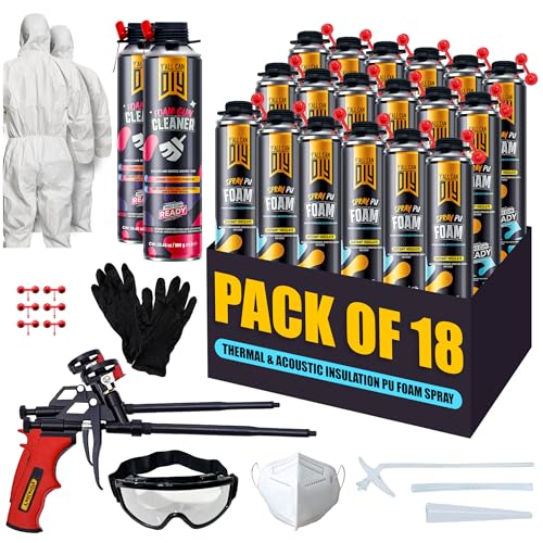 Closed Cell Spray Foam Insulation Kit (18 Pack - 32.8 oz) Expanding Foam for Thermal & Soundproofing, Complete with 2 Teflon-Coated Guns, 2 Cleaners, 2 Safety Suits, 2 Glasses and 8 Pair of Gloves
