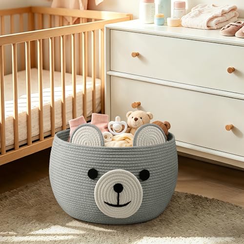 Image of CherryNow Baby Basket for Nursery, Baby Boy Gift Baskets Empty, Decorative Woven Basket for Toys Organizer Living Room, Light Gray, 15.7 inchD x 10.5 inchH