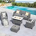 HOOOWOOO Outdoor Patio Furniture Set with Large Fire Pit Table,6 Piece Modern Wicker Couch Sofa Set with Ottoman, Outside All Weather Rattan Conversation Seating Set with Tilt Back(Dark Gray)