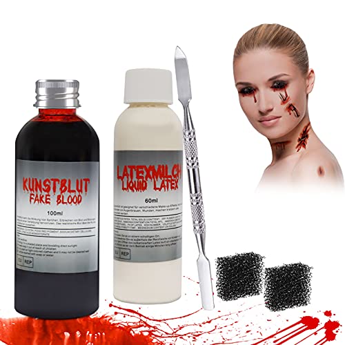TaimeiMao Sangre Falsa 100 ml,Latex Liquido 60 ml Maquillaje,Gel de Sangre Falsa Herramienta de Maquillaje de Halloween,Sangre Artificial Lavable,con Esponja de Maquillaje y espátula Cover