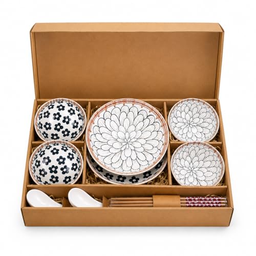 Image of Japanese Ceramic Dinnerware Set for 2, Floral Bowl Plate Set with Chopsticks & Spoons, Microwave Dishwasher Safe Tableware Gift Set for Home Kitchen Dining