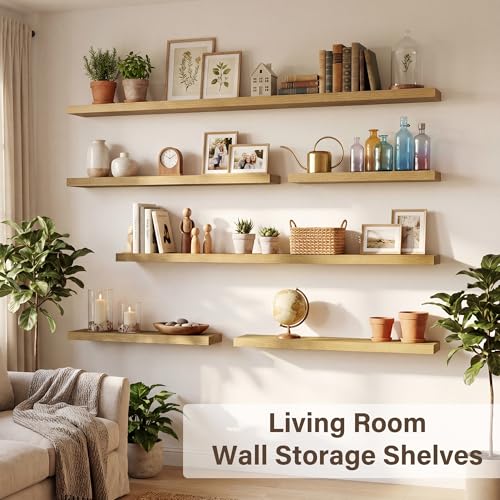 Image of Acovy 16in Long Floating Shelves for Wall Set of 2, Wood Wall Shelves for Bathroom Bedroom Kitchen Living Room Laundry Room, Modern Floating Shelf for Home Decor
