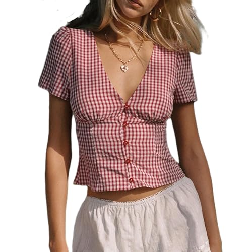 Y2k Women Coquette Button Down Shirts Ruffle Short Sleeve Vintage Preppy Crop Top V Neck Slim Fit Blouse Summer