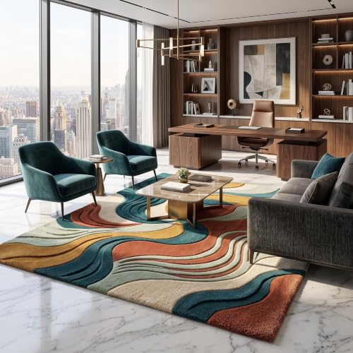 Image of Hand Tufted Premium Wool Abstract Wave Design Carpet for Living Room, Bedroom, Office & Home Decor Size 12x18 Feet