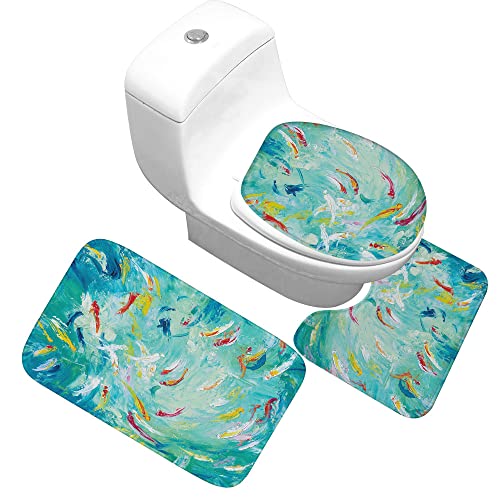 GRGFG Badteppich Set,Badematten Teppich-Set 3-Teiliges Ölgemälde Bunter Goldfisch 3D-Druck rutschfeste Badematten Weiche…
