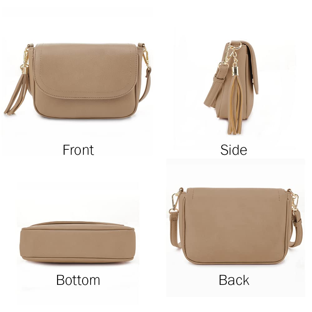 EVVE Small Crossbody Bag for Women Trendy Flap Saddle Purses with Tassel Vegan leather Shoulder Bag - Taupe