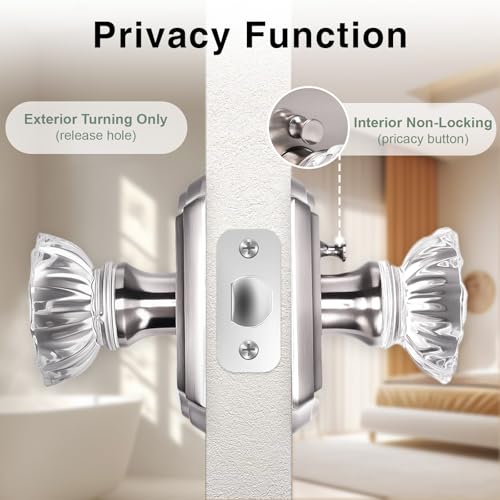 Crystal Door Knobs, Stain Nickel Glass Door Knobs Interior Rose Shape with Lock Privacy Function, Vintage Antique for Bedroom Bathroom