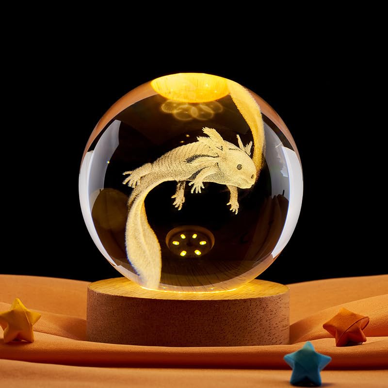 YATOSEEN 3D Axolotl Night Light, K9 Crystal Model, 3D Engraved Axolotl Crystal Ball with LED Light Base, Gift for Kids, Couples, Birthdays & Festivals