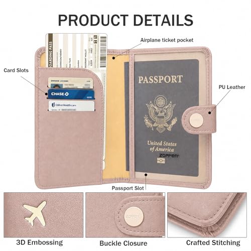 Image of ZOPPEN Passport Holder for Travel Essentials, RFID Blocking PU Leather Water-Resistant Lightweight Passport Cover with Multiple Card Slots, Easy to Carry Travel Wallet for Women Men, Dusty Pink