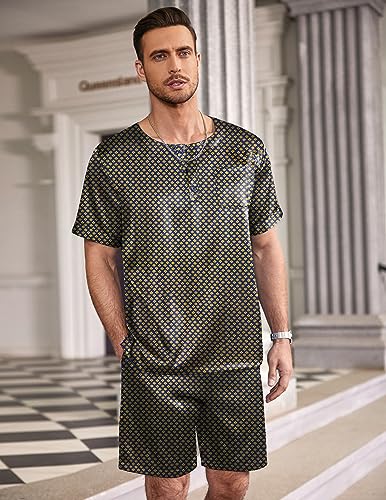 Image of Ekouaer Mens Pajamas Set Silk Satin Pjs Sets Summer Short Sleeve Button Down Sleepwear 2 Piece Loungewear with Pockets
