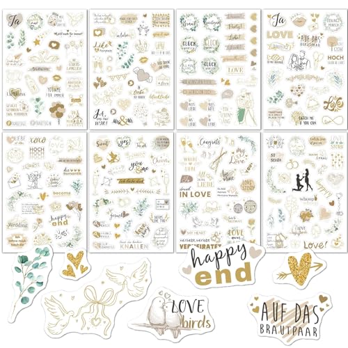 Sticker Hochzeit Gästebuch (230+ Motive) Vintage Hochzeit Aufkleber Sticker Fotoalbum Liebe Aufkleber Liebe Herzen für Gästebuch Fotoalbum oder Scrapbook Wedding Deko-Golden