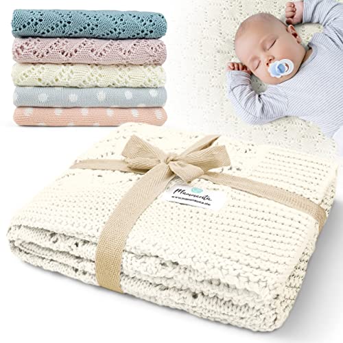 Mammacita® Babydecke Baumwolle Wolldecke aus Oeko-TEX- 100. Baumwolldecke Strickdecke für Baby, Ecru Herzmuster. Baby Decke Neugeborenen. Kuscheldecke Baby. Babydecke Bio Baumwolle