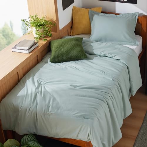 Image of Bedsure Twin /Twin XL Comforter Set Dorm Bedding - Sage Green Twin Bedding Set for College, Soft Cationic Dyed Bed Set for All Seasons, 2 Pieces, 1 Comforter (68 inchx88 inch) and 1 Pillow Sham (20 inchx26 inch+2 inch)