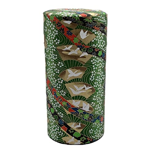 野口熊太郎茶園 茶筒 茶缶 大容量 200g 友禅和紙貼 中蓋付き 扇に鶴 緑 日本製 おしゃれ