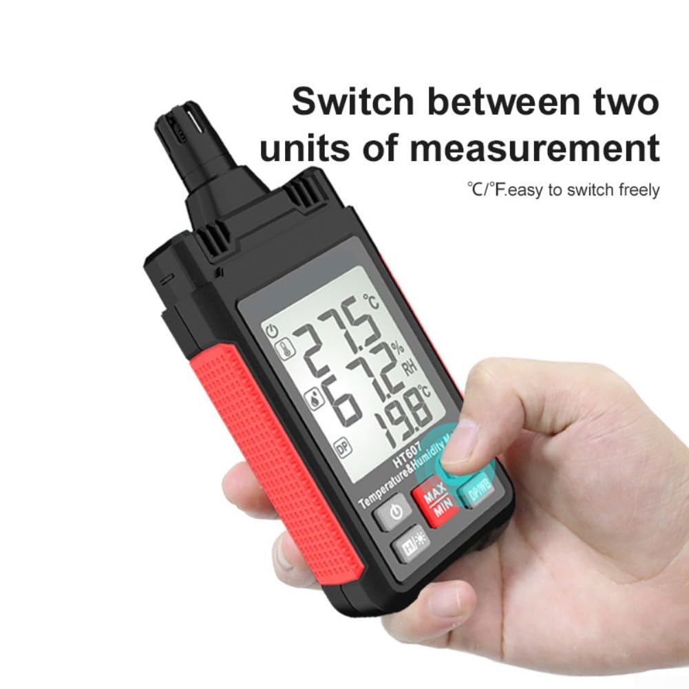 HT607 Digitales Thermohygrometer, misst Temperatur Luftfeuchtigkeit Taupunkt Nasslampe mit Hintergrundbeleuchtung Datenspeicher, tragbares ABS-Messgerät für Laborgebrauch