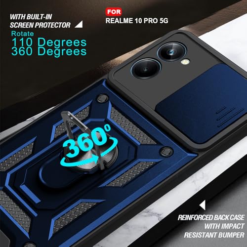 Image of AESTMO Tough Armor Realme 10 Pro 5G Bumper Back Case Cover | Ring Holder & Sliding Camera Shield Cover | 360 Degree Protection Back Case Cover for Realme 10 Pro 5G (Blue)