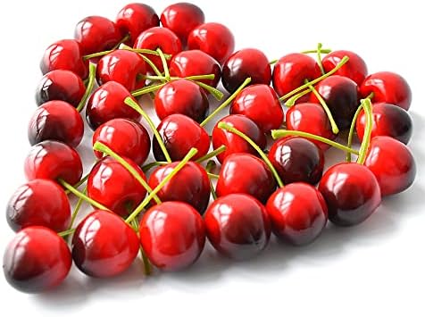 Chewarelly 36 Pcs Artificial Lifelike Cherries Fake Cherry Simulation Fruit Ornament for Home Kitchen Wedding Party Decoration Photography Prop (Red Black), 1 inch