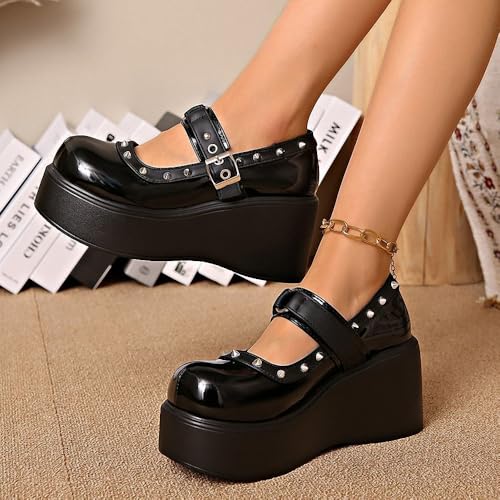 Image of Women's Platform Mary Janes Heart Cat Buckle Rivets Ankle Lolita Gothic Princess Platform Pumps Patent Leather Thorn Vintage Traditional Embroidery Upper Dress Shoes