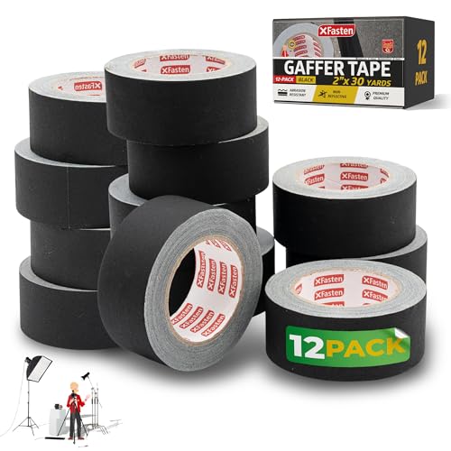 XFasten Black Gaffers Tape 2 Inch x 30 Yards (12-Pack, 1080ft), Residue-Free Matte Black Gaffer Tape 2 Inch Non-Reflective Easy-to-Tear Floor Tape for Electrical Cords