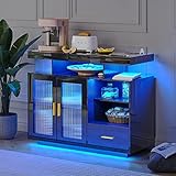 WOOVIVS 39.4' Modern LED Sideboard Buffet Cabinet with Charging Station, High Glossy Cupboard with Motion Sensor Light, Coffee Bar Storage Cabinet with Acrylic Panel for Living Room, Kitchen (Black)