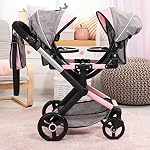Bayer - Poupées jumelles Pram Xeo - Transport, Poussette, réglable en hauteur, Poignée réversible avec sac - Poupées jusqu'à 18” - Âge 3+ - Papillon rose gris - 26733AA
