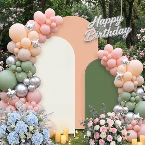 Image of VitalCozy Set of 3 Wedding Arch Cover 6ft, 6.5ft, 7.2ft Fabric Arch Backdrop Cover Double Sided Fitted Spandex for Baby Shower Birthday Party Decoration, Frame Not Included(Beige Green Series)