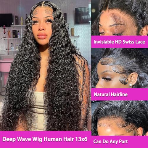 Image of LAINSS 28Inch Deep Wave Lace Front Wigs Human Hair 13x6 Deep Curly Lace Front Wigs Glueless Lace Frontal Wig Brazilian Virgin Human Hair Pre Plucked with Natural Hairline 210% Density