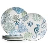 UNK U 10.5-Inch Ocean Theme Melamine Plates Set of 6, Nautical Seashell Dinner Plates, Dishwasher Safe Beach Party Plates for Coastal Dining & Special Events