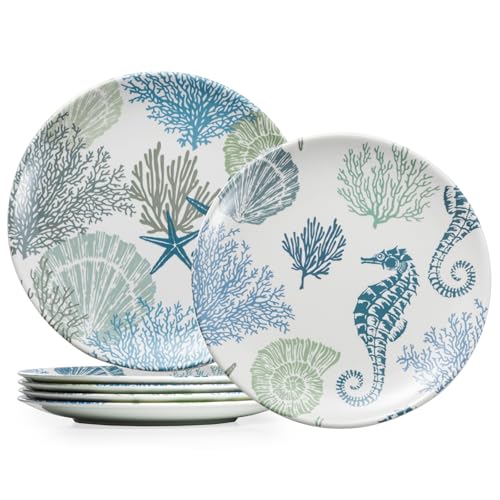 UNK U 10.5-Inch Ocean Theme Melamine Plates Set of 6, Nautical Seashell Dinner Plates, Dishwasher Safe Beach Party Plates for Coastal Dining & Special Events