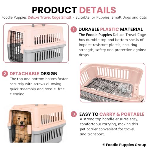 Image of Foodie Puppies Portable Pet Travel Cage with Handle (47 x 31 x 31cm, Small) for Small Dogs & Cats | Durable Travel Cage Box with Secure Metal Door, Spring Lock & Ventilated Design