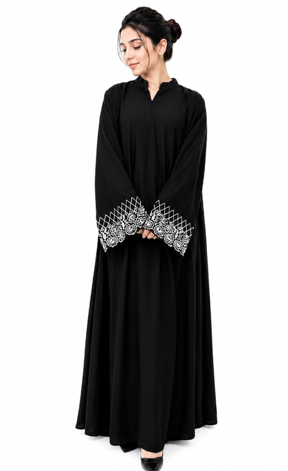 Women's Pure Cotton Solid Embroidered Free Size Flared Abaya Dress Full Length Modest Wear Black3-image-35