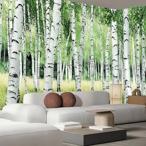 Papier peint panoramique forêt de bouleaux vert olive 250x175 cm pour salon - 3