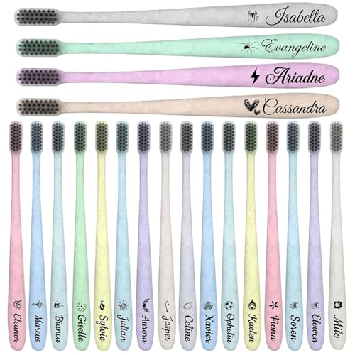 Cepillos de Dientes Personalizados Manuales Suaves Reutilizables, Paquete de 4 con Nombre/Texto/logotipo Personalizado, para Viajes, el Hogar, Invitados, Regalos, Empresas y Eventos