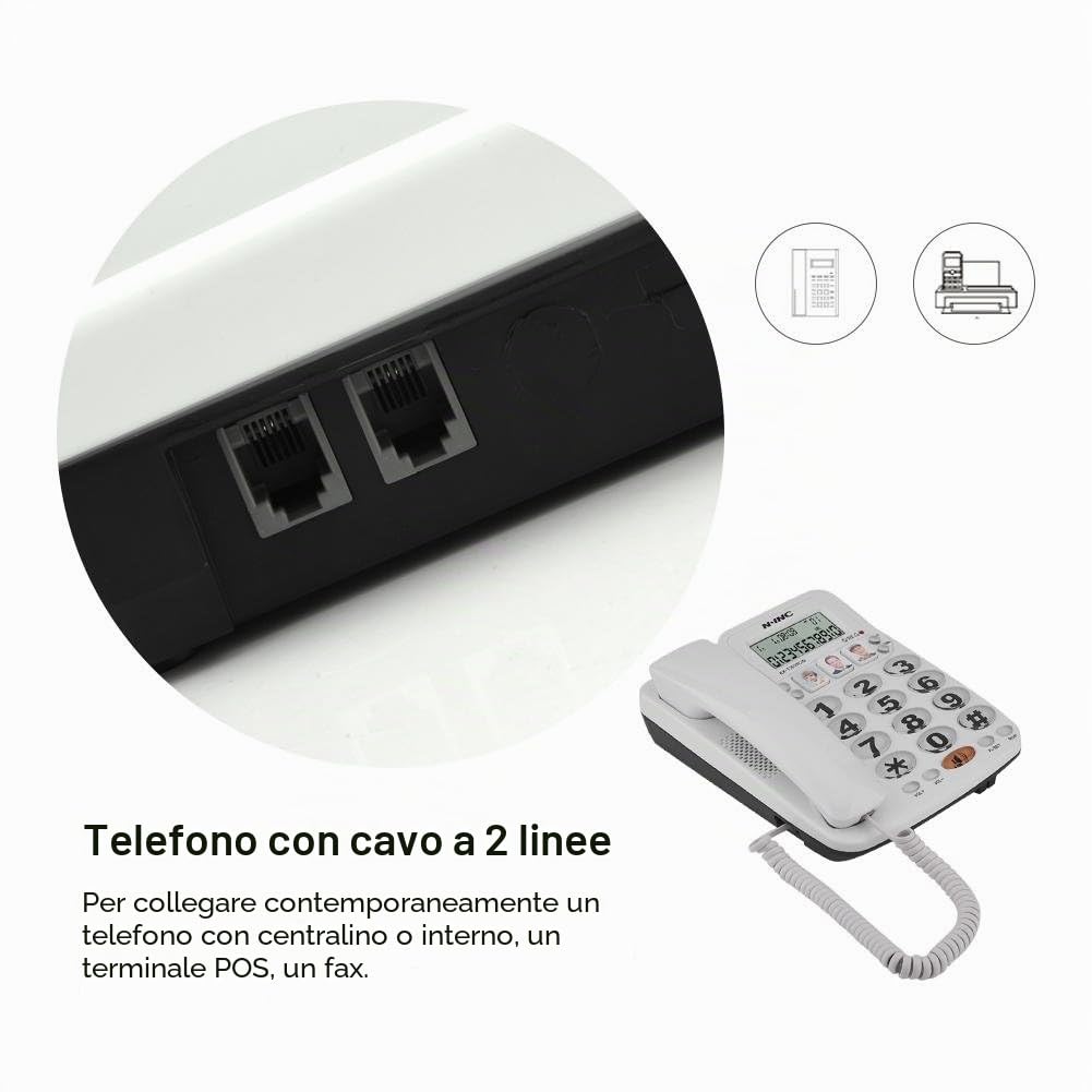 Telefono Fisso da Tavolo con Tasti Grandi, Telefono Vivavoce con Filo, Telefono Fisso di Casa/Ufficio a Due Linee/ID Chiamante/Suono Chiaro/Riselezione