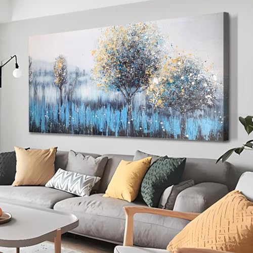 Arjun Large Canvas Wall Art for Living Room Landscape Bedroom Teal Painting Forest Textured Picture Modern Panoramic Nature Artwork Home Office Wall Decor, 48'x24'