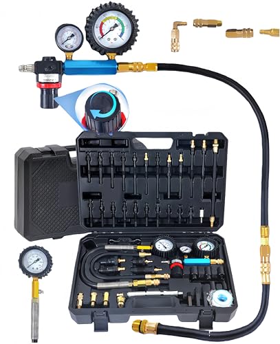 XSTARYE 46PCS Automotive Compression Tester Kit with Dual-Dial Gauge Gasoline & Diesel Compression Tester Set Cylinder Leak Down Tester for HDI TDCi Pump Duse (PD) (1/4 US Standard Air Inlet)