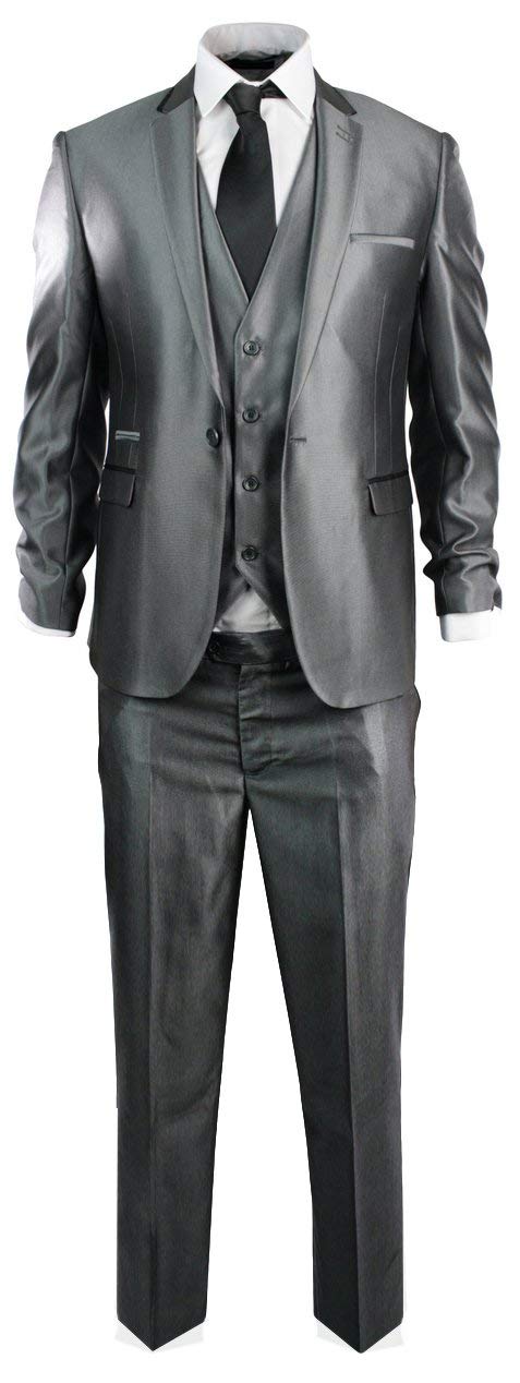 HOTK Uomo Abiti Formali da Lavoro Eleganti Slim Fit Grigio Lucido 3 Pezzi con Risvolto Sposo