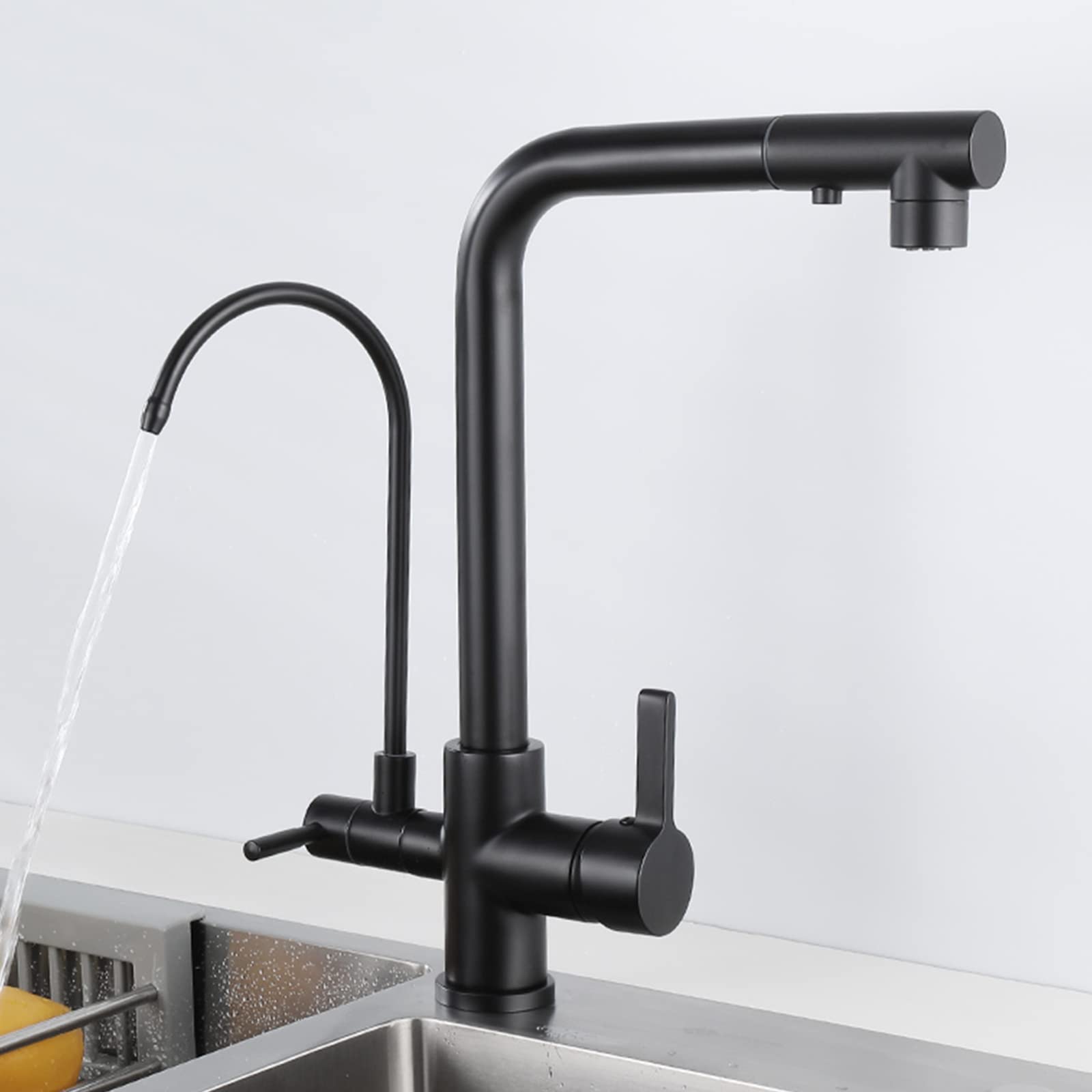 ASerZenith 3 Way Kitchen Taps With Pull Out Spray, Kitchen Faucet Brass Swivel Multifunction 3 In 1 Kitchen Sink Tap-Black