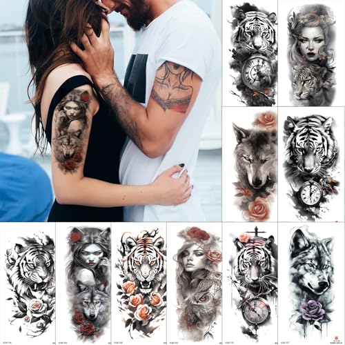 Aivoch Aivoch 10 Sheets Realistic Animals Temporary Tattoo for Men Women Adults, Wolf Tiger Rose Tattoos Stickers, Flowers Fake Tattoo Stickers, Body Art Half Arm Sleeve Tattoos (Animals)