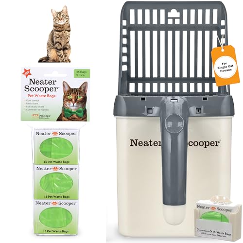 Neater Pet Brands Neater Scooper Standard Litter Scoop 60 Refill Bags Mess-Free Cat Litter Scooper with Bag Spill-Proof Kitty Box Sifter Bin Doubles as Scoop Holder For Single-Cat Households