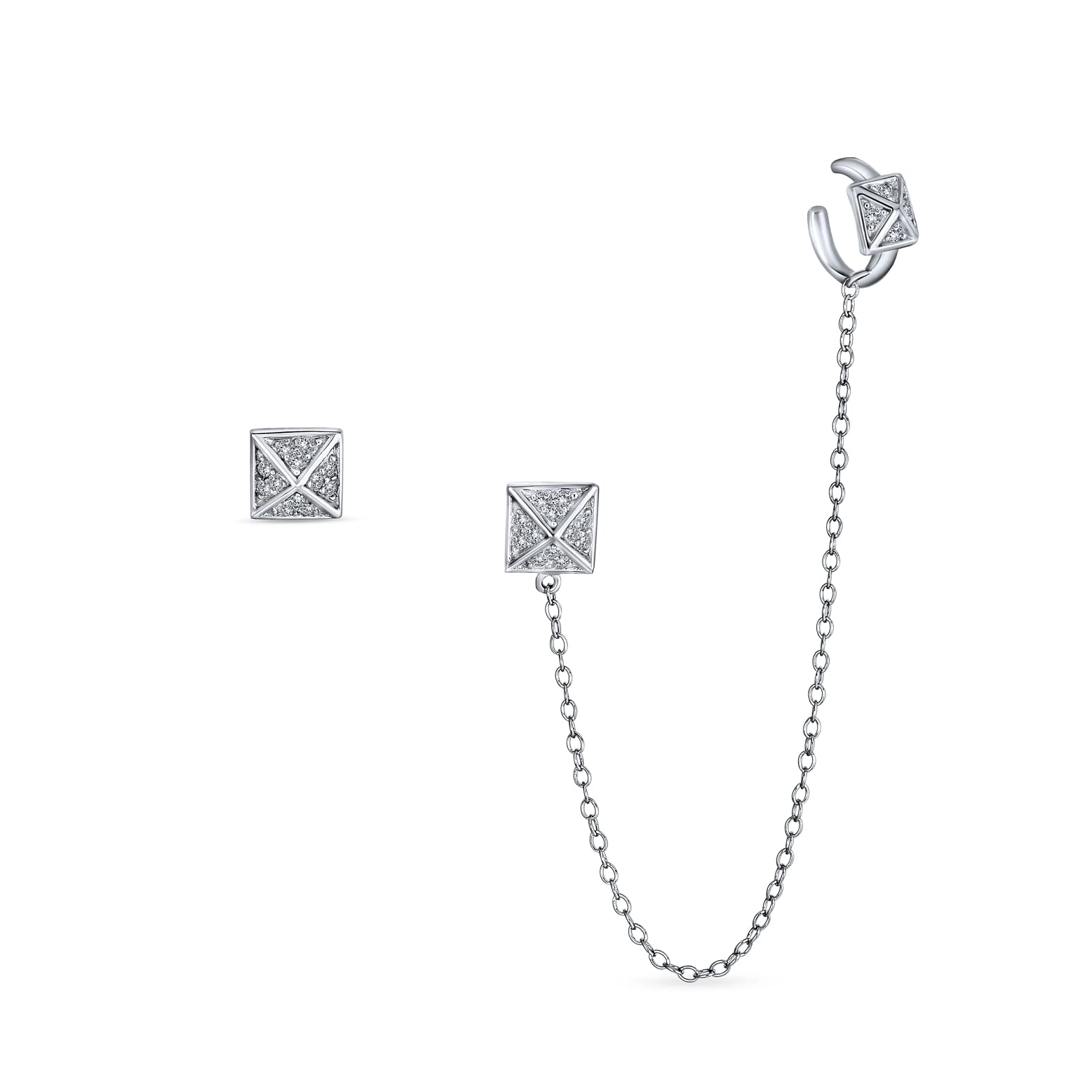 Quadrato Geometrico Della Catena Piramidale Della Cartilagine Dell'Orecchio Avvolgere L'Orecchino Pave CZ Stud Helix Earring Stud Set .925 Argento