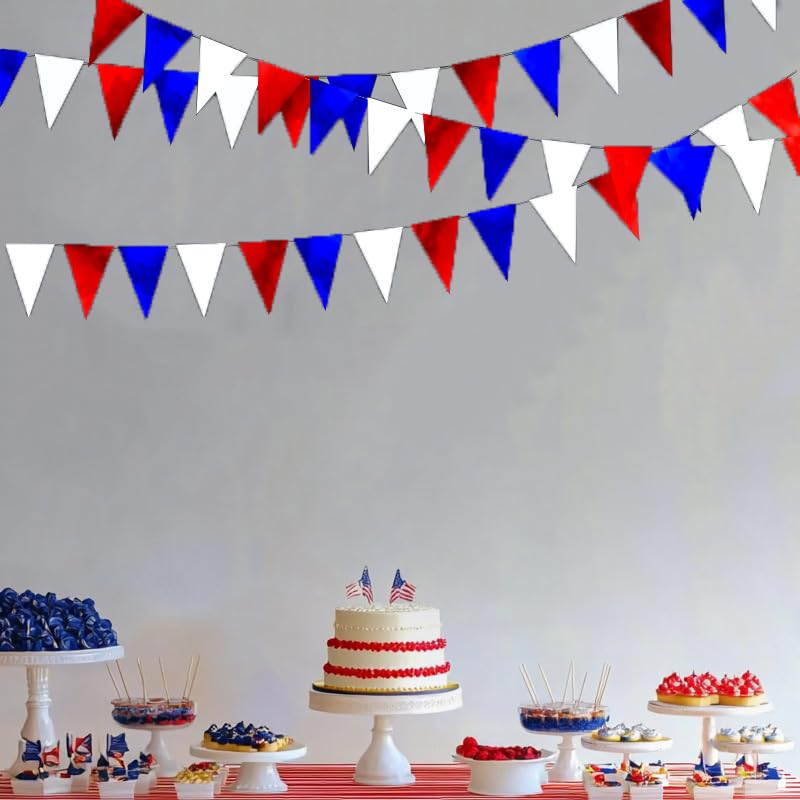 Image of Patriotic Hanging Triangle Flag Pennant Garland Red White and Blue Hanging Paper Pennant Streamer for 4th of July, Independence Day, Memorial Day, Veterans Day, Labor Day Decorations 30 Feet
