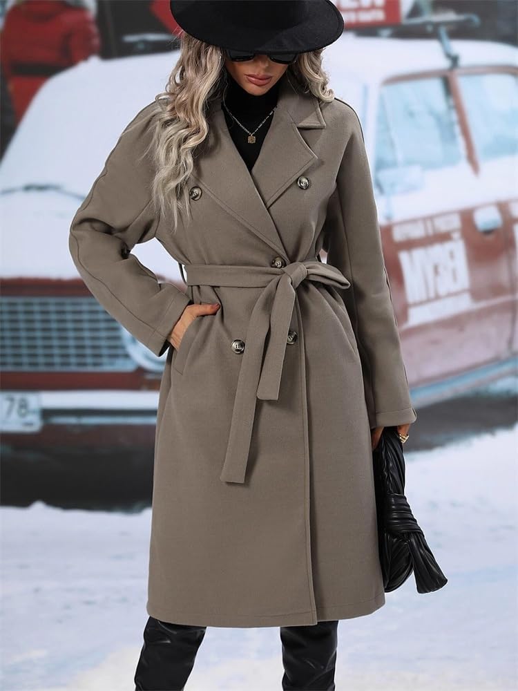Gabardina larga de lana cálida para mujer, con cuello de solapa, para invierno, doble botonadura, color liso, con cinturón, ropa de abrigo, chaqueta de otoño/invierno, gabardina para mujer