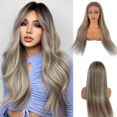 Image of Belaved Highlights Ombre Ash Brown Lace Front Wigs Human Hair HD Frontal Wig Human Hair Dark Brown Roots Pre Plucked Glueless 180% Density Seamless 13x6 Straight for Women 22 Inch
